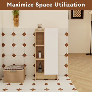 Freestanding Bathroom Side Cabinet, Narrow Storage Cabinet With Single Door & 3 Tier Open Shelves - Black / Light Oak / White