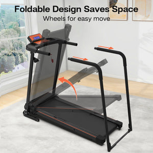 Home Fitness Treadmill With Extended Handrails, Portable Foldable Design - Black / Orange