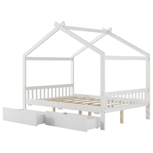 House Style Platform Bed With Headboard, Footboard, 2 Drawers, And Roof Design
