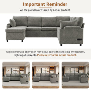 U-Shaped Sectional Sleeper Sofa With Ample Storage Space, 2 Cup Holders And Charging Ports For Living Room