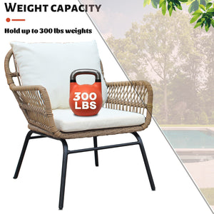 6PCS Outdoor Patio Balcony Natural Color Wicker Sofa Chair Set with Beige Cushion,Round Tempered Glass Table