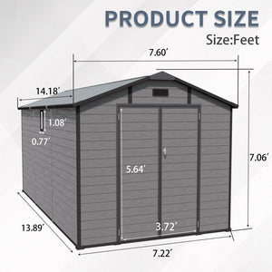 8x14 FT Plastic Outdoor Storage Shed - Lockable Resin Tool Shed with 2 Window & 3 Air vents