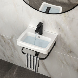 Wall Mounted Bathroom Sink With Towel Bar & Overflow - White / Black