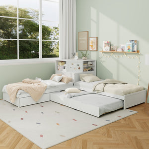 L-Shaped Bed Frame With Trundle, Built In Desk & LED Lighting