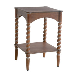 15.5x15.5x23.5' Distressed Brown Wood Side Table with Turned Spiral Legs and Lower Shelf