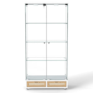 Glass Display Cabinet With LED Lights, Tempered Glass Doors, Large Drawers, 2 Door Storage Case With 4 Shelves - Natural / White
