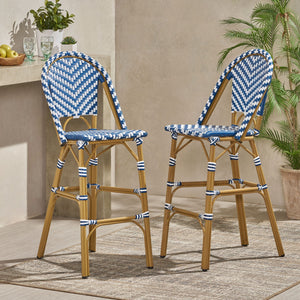 Outdoor Rattan French Barstool Set - Navy Blue & White
