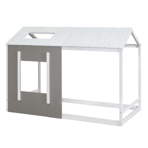 Twin Size House Platform Bed With Roof And Window - Natural / White