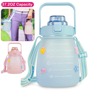 Kawaii Water Bottle with Straw 37.2oz Large Capacity Portable Sports Bottle with Cute Three-Dimensional Stickers