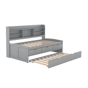 Captain Bed With Built In Bookshelves, 3 Storage Drawers, And Trundle