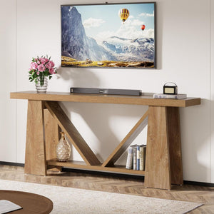 Slim 2 Tier Entryway Accent Extra Long Console Table For Living Room - Natural / Light Brown