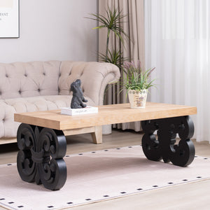 Black Scroll Base Coffee Table – 47" Rectangular Wood Living Room Table