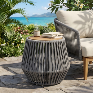 Acacia Wood Side Table with Grey Rope Design
