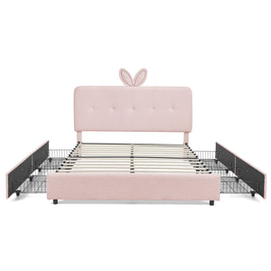 Upholstered Bed With Oversized Rabbit Ear Headboard, LED Lights & 4 Storage Drawers