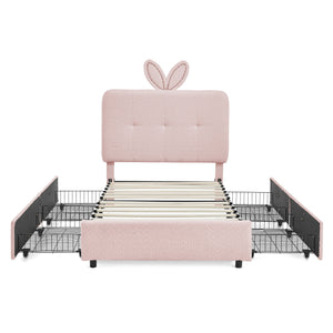Twin Size Kids Upholstered Bed with Oversized Rabbit Ear Headboard