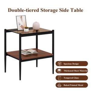 Modern Rectangle End Table (Set of 2) With Tempered Glass Tabletop And Layer - Brown