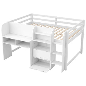 Low Loft Bed With Built In Desk, Storage Cabinets, Open Bookcase And Doodle board