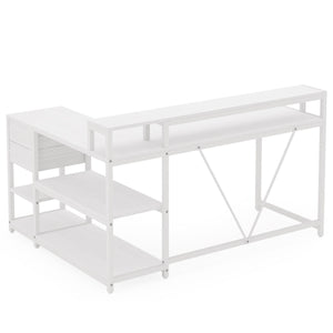 L-Shaped Home Office Desk With Monitor Riser, Drawers, And Storage Shelves