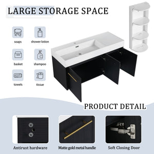 Modern Chestnut Wall Mounted Bathroom Vanity With Left Resin Sink And Storage Rack - Black Chestnut