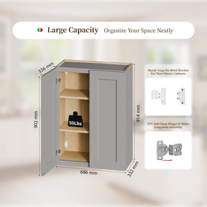 Gray Shaker Solid Wood Wall Cabinet with Soft-Close Doors