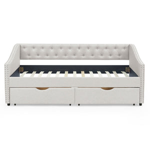 Upholstered Tufted Daybed With 2 Drawers, Waved Arms