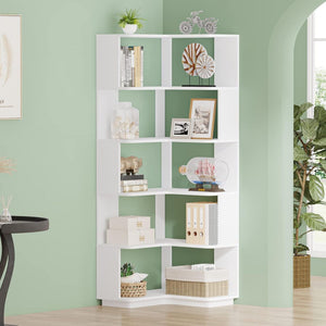 6 Tier Corner Bookshelf, L-Shaped Freestanding Shelf With Anti Drop Panels