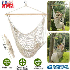 Hammock Chair Hanging Rope Seat Swing w/ Wooden Stick 220lbs Load for Patio Yard Porch Outdoor Bedroom Indoor