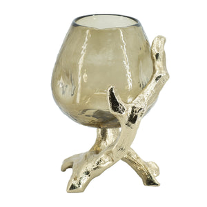 Olive Glass Candle Holder with Gold Metal Legs