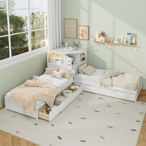 L-Shaped Bed Frame With Trundle, Built In Desk & LED Lighting