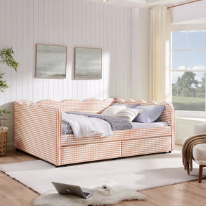 Queen Size Cozy Gingham Daybed with Two Storage Drawers and USB Port