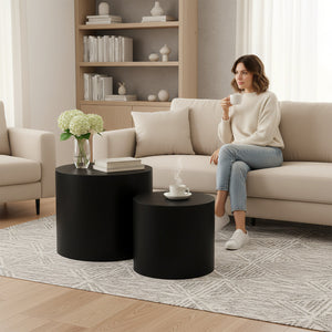 Nesting Coffee Table Set of 2, Modern Round Wood Side Tables