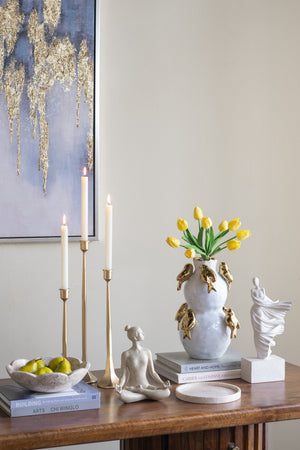 8.5x8.5x14 White Two-Tiered Ceramic Vase with Gold Bird Accents