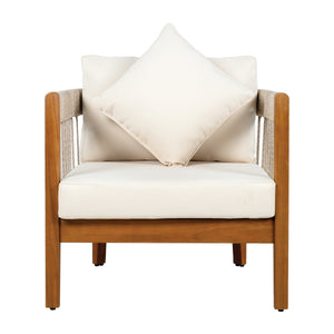 Acacia Wood Outdoor Club Chair with Handwoven Rope Accents & Curved Backrest