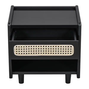 Black Nightstand with Rattan Detail