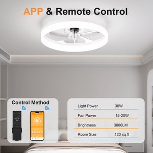19.7'' LED Ceiling Fan Light with Remote & App Control, 6 Speeds, Dimmable, 3000K-6500K, Flush Mount