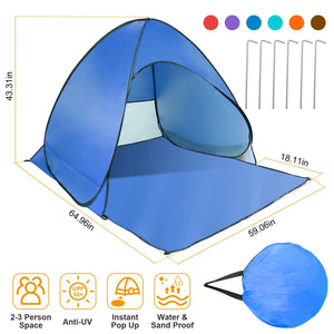 Pop Up Beach Tent Sun Shade Shelter Anti-UV Automatic Waterproof Tent Canopy for 2/3 Man w/ Net Window Storage Bag for Outdoor Beach Camping Fishing P