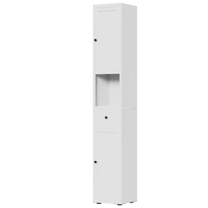 Tall Bathroom Storage Cabinet, 5-Tier Narrow With 2 Doors & Adjustable Shelves, Freestanding - White
