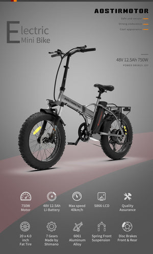 20x4.0 Inch Foldable Fat Tire Electric Bike 48V 12.5AH Extended Range Dual Disc Brakes  Fenders