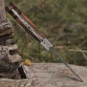 Back Lock 9" Handmade Damascus Steel Pocket Knife Dark Wood Handle Steel clips Folding Knife