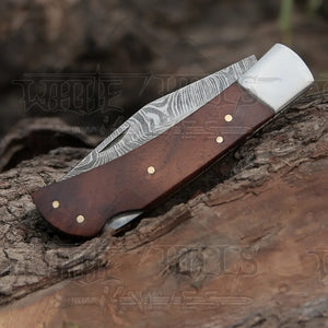 Back Lock 9" Handmade Damascus Steel Pocket Knife Dark Wood Handle Steel clips Folding Knife