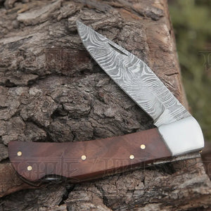 Back Lock 9" Handmade Damascus Steel Pocket Knife Dark Wood Handle Steel clips Folding Knife