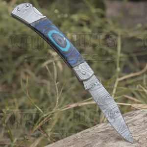 Back Lock 9" Handmade Damascus Steel Pocket Knife Pakka Wood Handle Folding Knife WH 5010