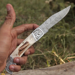 Back Lock 9" Handmade Damascus Steel Pocket Knife Stag Antler Handle Engraved clips Folding Knife