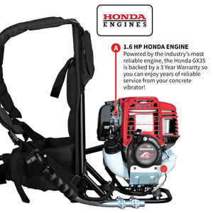 2HP Honda Concrete Vibrator with Flex Shaft Cable Whip Backpack - TRAPSKI