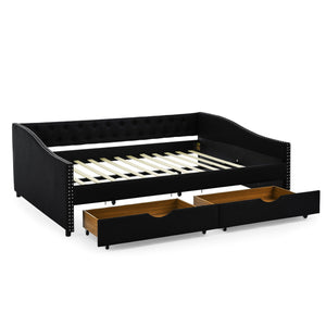 Upholstered Tufted Daybed With 2 Drawers, Waved Arms