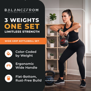 BalanceFrom Wide Grip Kettlebell Fitness Exercise Weights, 5, 10, and 15 Pounds