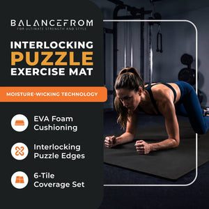 BalanceFrom Puzzle Exercise Mat 1/2" Thick, EVA Interlocking Foam Floor Tiles for Home Gym, Mat for Home Workout Equipment, Floor Padding for Kids, Black, 24 in x 24 in x 1/2 in, 24 Sq Ft - 6 Tiles