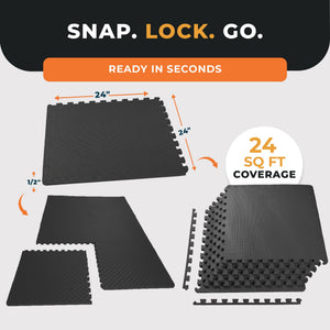 BalanceFrom Puzzle Exercise Mat 1/2" Thick, EVA Interlocking Foam Floor Tiles for Home Gym, Mat for Home Workout Equipment, Floor Padding for Kids, Black, 24 in x 24 in x 1/2 in, 24 Sq Ft - 6 Tiles