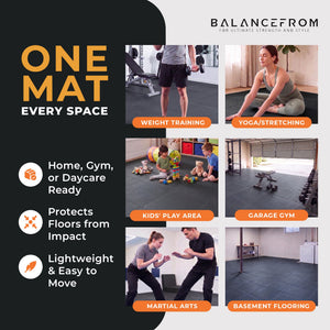 BalanceFrom Puzzle Exercise Mat 1/2" Thick, EVA Interlocking Foam Floor Tiles for Home Gym, Mat for Home Workout Equipment, Floor Padding for Kids, Black, 24 in x 24 in x 1/2 in, 24 Sq Ft - 6 Tiles