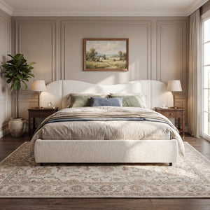 King Size Upholstered Bed Frame With Boucle Fabric Curved And Wide Headboard